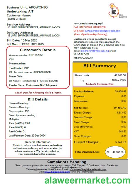 Nigeria IKEJA Electric utility bill template in Word and PDF formats